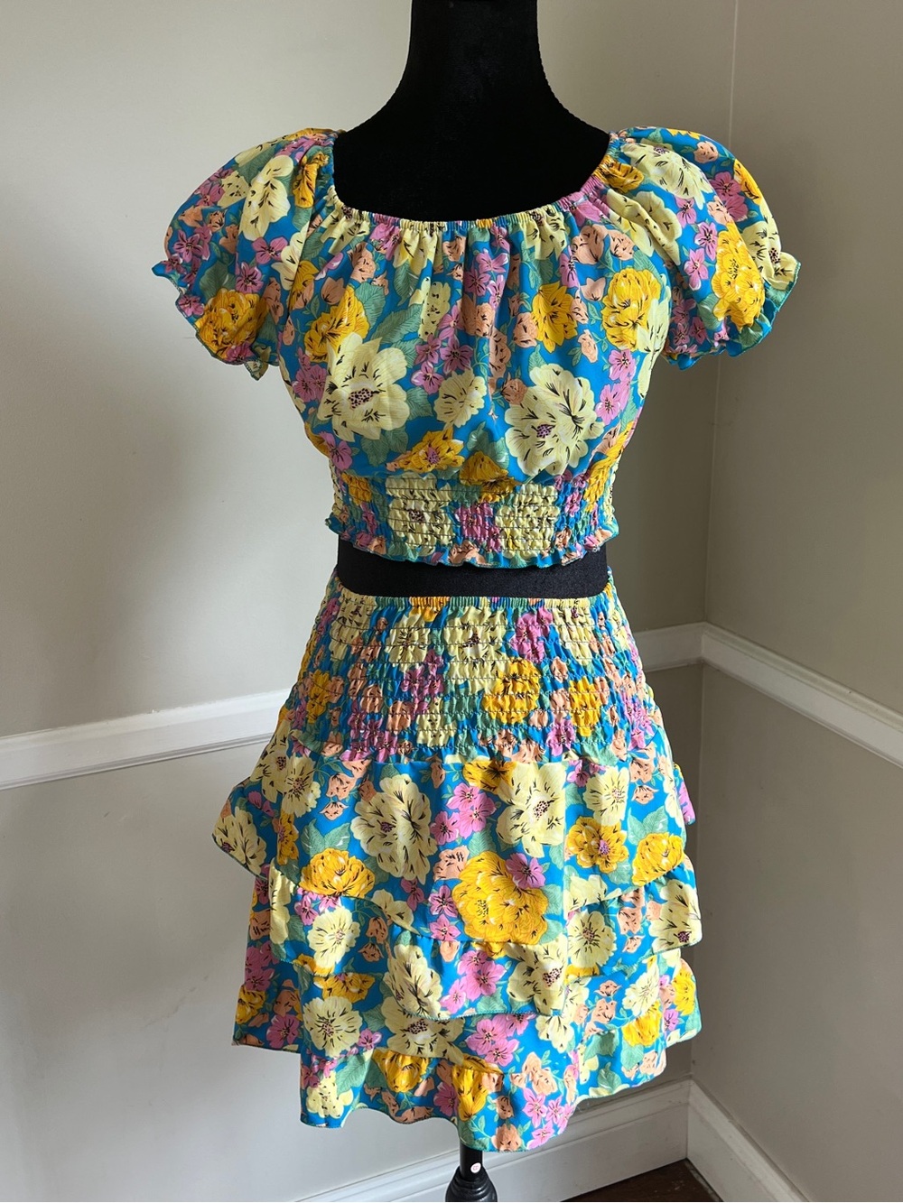 Floral Smocked Two-Piece floral top and skirt set